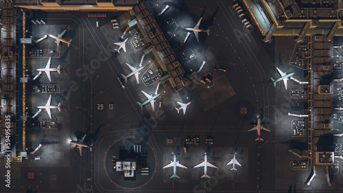 Fotografiet Aerial View of a 3D Commercial Airport Render with Airplanes, Passenger Terminals, Runway and Service Machinery