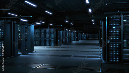 Modern Data Technology Center Server Racks Working in Dark Facility. Concept of Internet of Things  Big Data Protection  Storage  Cryptocurrency Farm  Cloud Computing. 3D Warehouse.