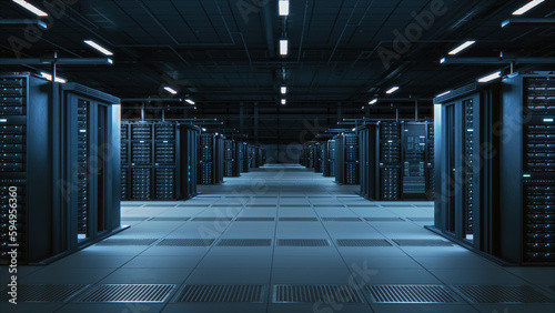 Modern Data Technology Center Server Racks Working in Dark Facility. Concept of Internet of Things, Big Data Protection, Storage, Cryptocurrency Farm, Cloud Computing. 3D High Tech Warehouse.