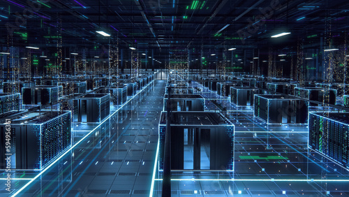 Big Data Technology Center Server Racks in Dark Room with VFX. Futuristic Visualization Concept of Internet of Things, Data Flow, Digitalization of Traffic. Information Equipment Warehouse