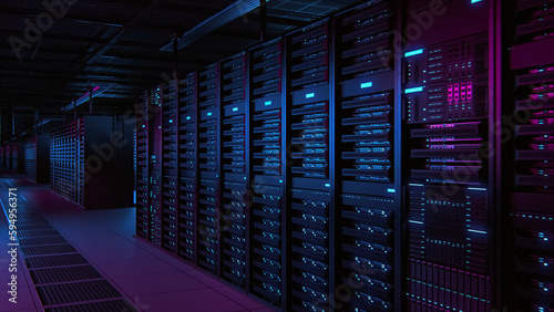 Modern Data Technology Center Server Racks Working in Dark Facility. Concept of Internet of Things, Big Data Protection, Cryptocurrency Farm, Cloud Computing. 3D Warehouse for Crypto Mining.