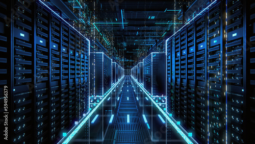 Data Technology Center Server Racks in Dark Room with VFX. Detailed Visualization Concept of Internet of Things, Data Flow, Digitalization of Online Traffic. Information Storage Equipment.