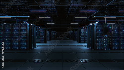 Modern Data Technology Center Server Racks Working in Dark Facility. Concept of Internet of Things, Big Data Protection, Storage, Cryptocurrency Mining, Cloud Computing. 3D Crypto Farm.