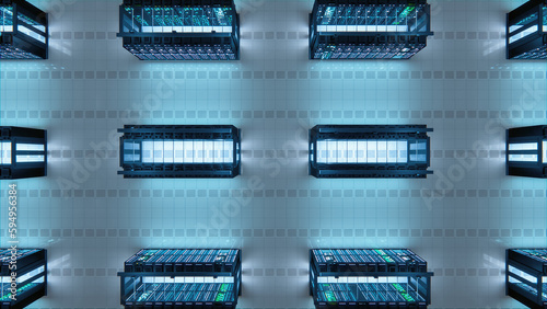 Modern Data Technology Center Server Racks Working in Well-Lighted Facility. Concept of Internet of Things, Big Data Protection, Storage, Cryptocurrency Farm, Cloud Computing. 3D Top Down View.