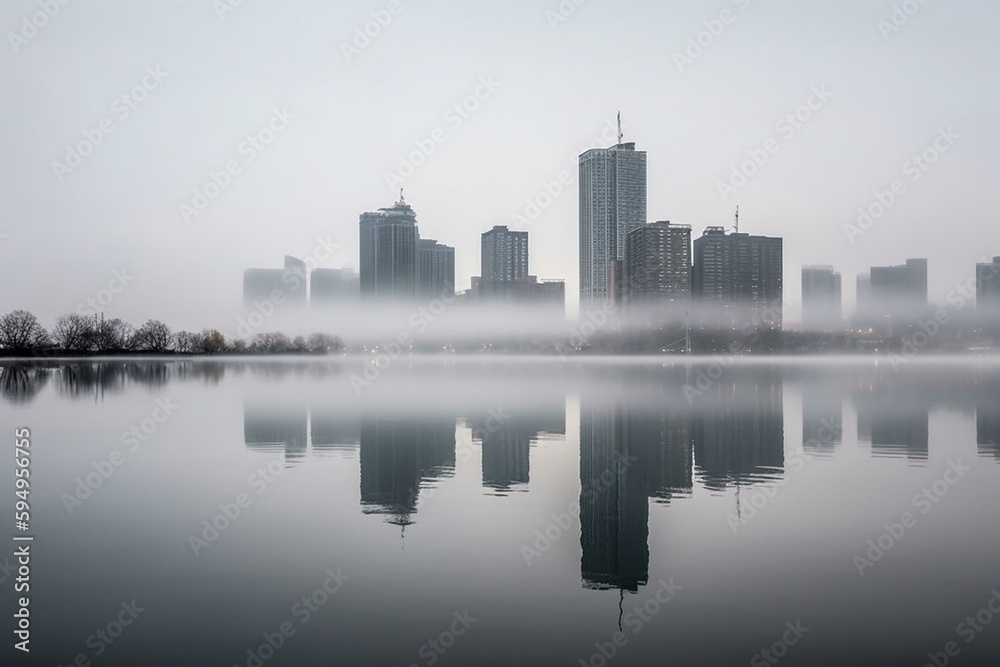 a city skyline with a foggy sky and water in the foreground and a few buildings in the background with a light reflection on the water surface of the water and fog, and. Generative AI