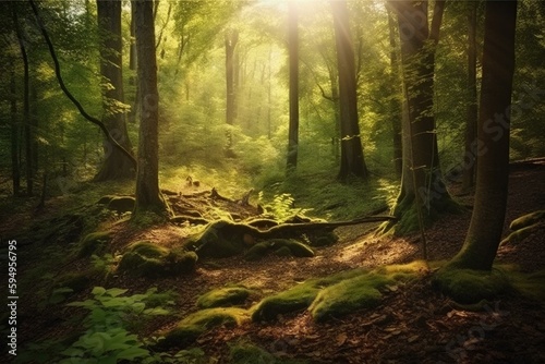 Beautiful forest landscape. Generative AI © Ella