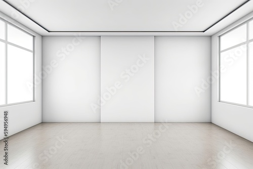 an empty room with white walls and windows. Generative AI © 2rogan