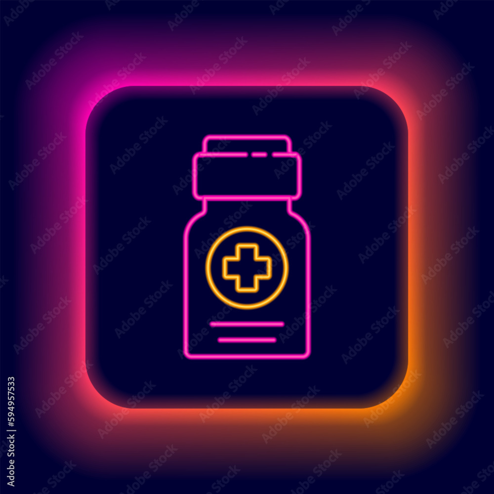 Glowing neon line Medicine bottle icon isolated on black background. Bottle pill sign. Pharmacy design. Colorful outline concept. Vector Glowing neon line Medicine bottle icon isolated on black background. Bottle pill sign. Pharmacy design. Colorful outline concept. Vector