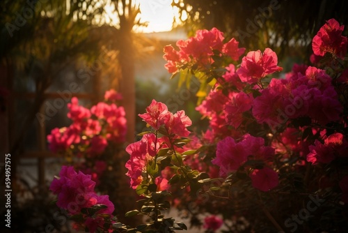 Colorful bougainvillea flowers bloom in the morning light. Generative AI