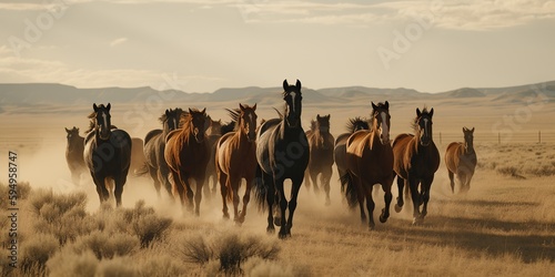 A pack of wild horses galloping across an open plain, concept of Animal Behavior, created with Generative AI technology