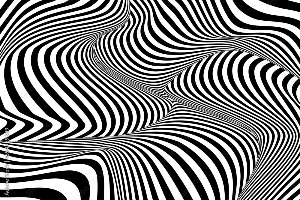Optical Psychedelic Spiral with Twist Striped. Background Abstract Line Black and White Color. Swirl Hypnotic Pattern. Vector illustration.