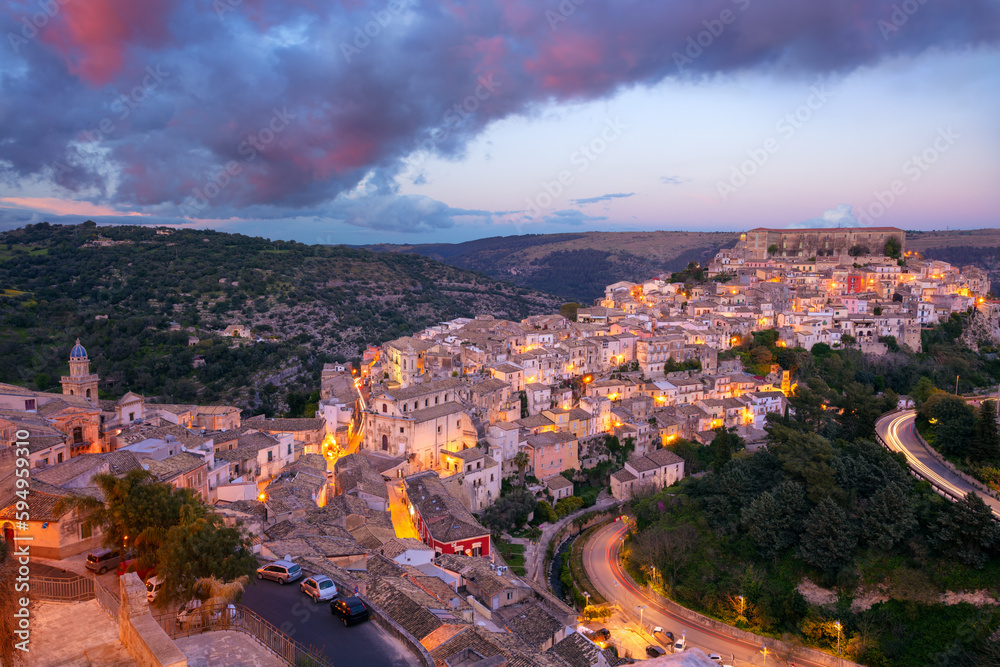 Ragusa Ibla, Sicily, Italy. Aerial cityscape image of historical town Ragusa Isla, Sicily at sunset.