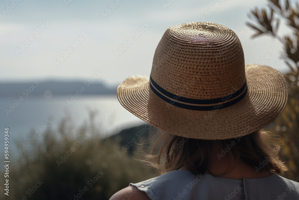 Vue de dos d'une femme à chapeau observant l'océan » IA générative