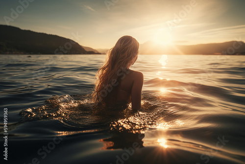 Vue de dos d'une belle sirène blonde nageant dans l'océan au lever du soleil » IA générative