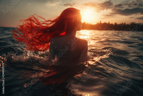 Vue de dos d'une sirène rousse nageant dans l'océan au coucher du soleil » IA générative photo