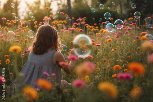 Vue de dos d'une jeune fille jouant avec des bulles dans un champ de fleurs » IA générative