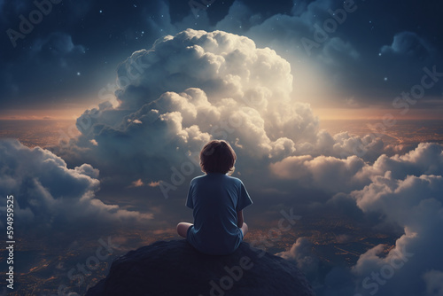 Vue de dos d'un garçon observant les nuages surplombant une ville » IA générative
