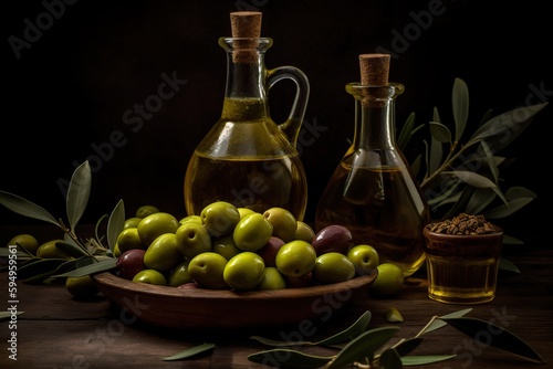 Olive oil with fresh olives on rustic wood, generative ai.