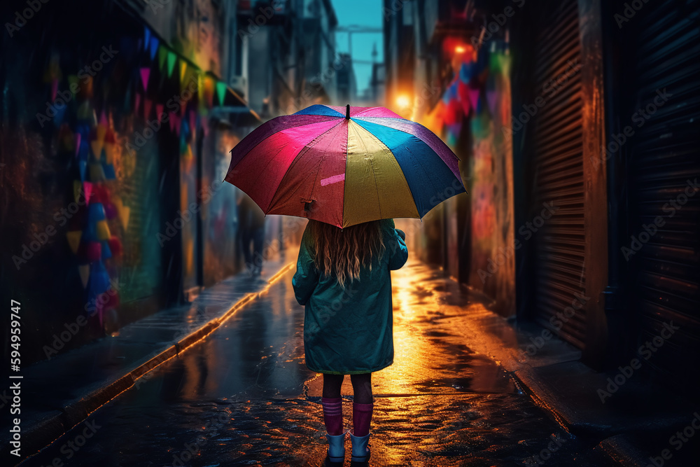 Vue de dos d'une jeune fille avec son parapluie arc en ciel » IA générative