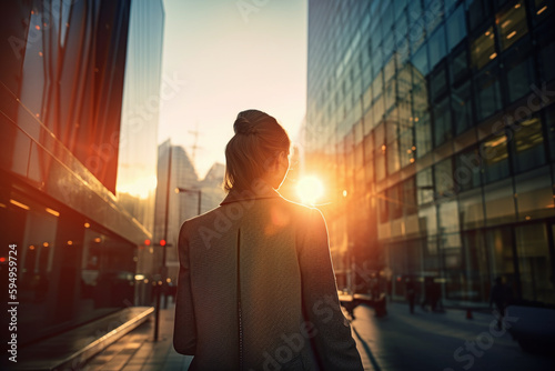 Vue de dos d'une businesswoman allant au travail au lever du soleil » IA générative photo