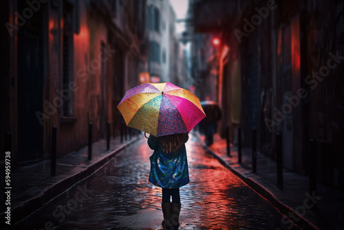 Vue de dos d'une jeune fille avec un magnifique parapluie arc-en-ciel » IA générative