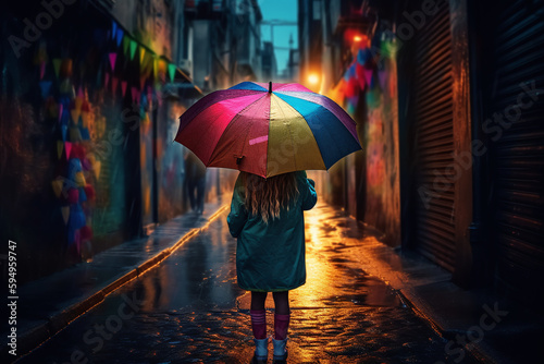 Vue de dos d une jeune fille avec son parapluie arc en ciel    IA g  n  rative