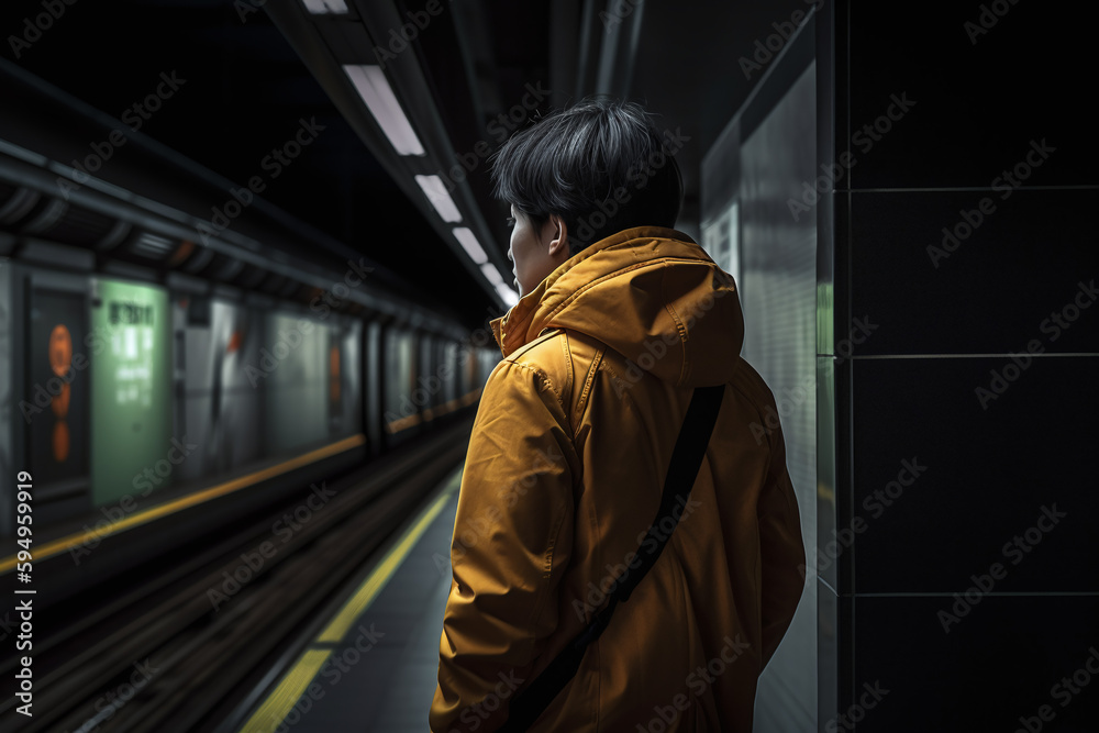 Vue de dos d'une personne attendant le métro » IA générative Vue de dos d'une personne attendant le métro » IA générative