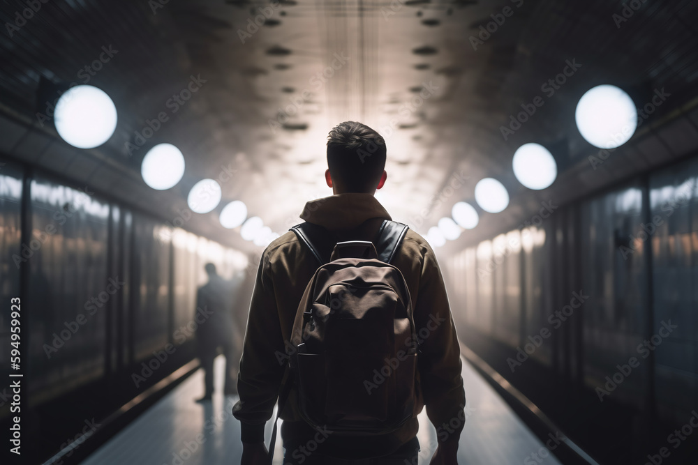 Naklejka premium Vue de dos d'une personne sur le quai d'une station de métro » IA générative