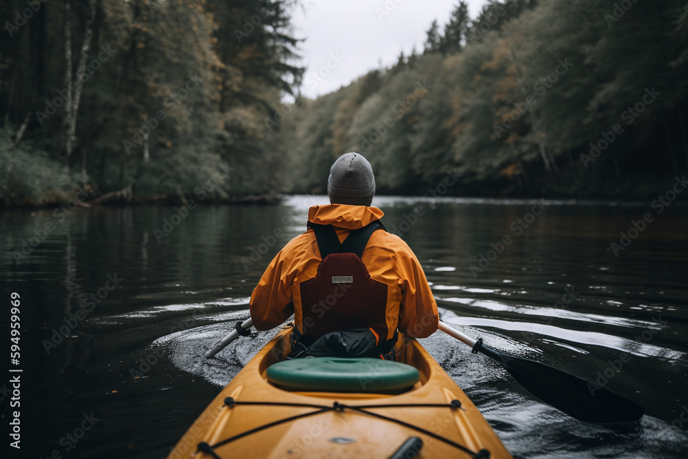 Vue de dos d'un homme se promenant en kayak sur une rivière » IA générative