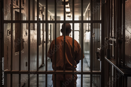 Vue de dos d'un prisonnier devant des grilles d'une prison » IA générative
