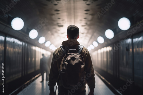 Fototapeta Naklejka Na Ścianę i Meble -  Vue de dos d'une personne sur le quai d'une station de métro » IA générative