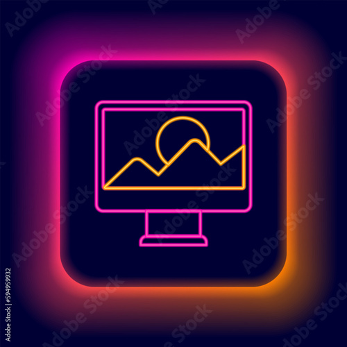 Glowing neon line Photo retouching icon isolated on black background. Photographer, photography, retouch icon. Colorful outline concept. Vector