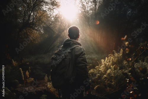 Vue de dos d'un homme se promenant dans la forêt » IA générative © Maelgoa