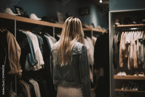 Vue de dos d'une femme faisant du shopping dans un magasin de vêtements » IA générative