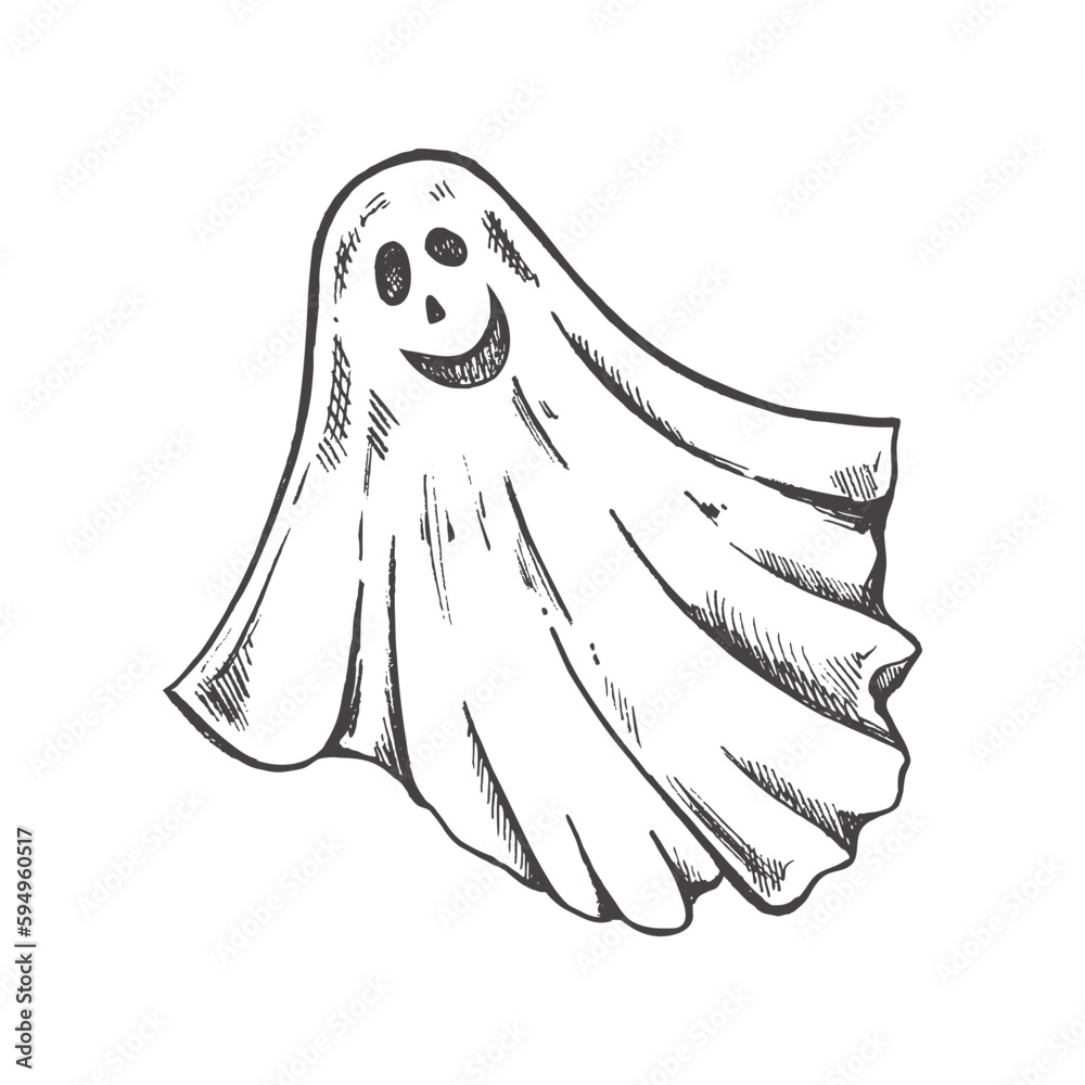 Hand drawn sketch of ghost isolated on white background. Scary white ghost. Happy Halloween. Cute vintage spooky character. Vector illustration for posters, decoration and print. Hand drawn sketch of ghost isolated on white background. Scary white ghost. Happy Halloween. Cute vintage spooky character. Vector illustration for posters, decoration and print.
