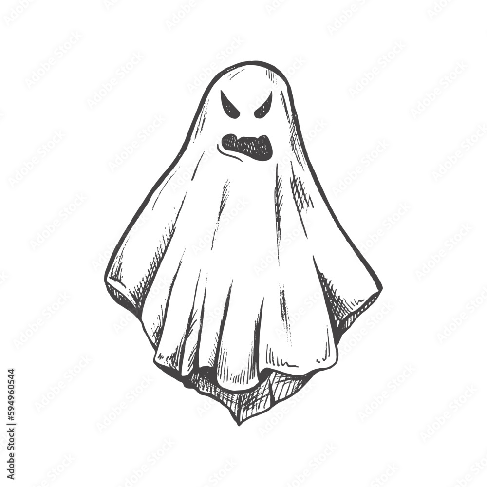 Hand drawn sketch of ghost isolated on white background. Scary white ghost. Happy Halloween. Cute vintage spooky character. Vector illustration for posters, decoration and print. Hand drawn sketch of ghost isolated on white background. Scary white ghost. Happy Halloween. Cute vintage spooky character. Vector illustration for posters, decoration and print.