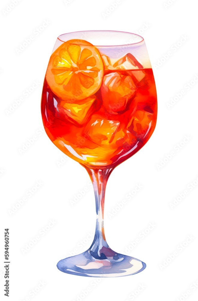 Watercolor illustration of an alcoholic cocktail Aperol Spritz on white background. Generative AI. Watercolor illustration of an alcoholic cocktail Aperol Spritz on white background. Generative AI.