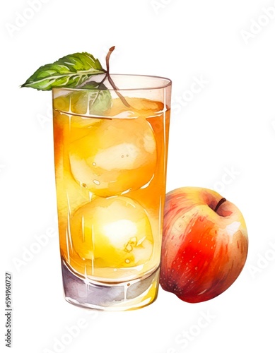 Watercolor illustration of an apple juice isolated on white background. Generative AI.