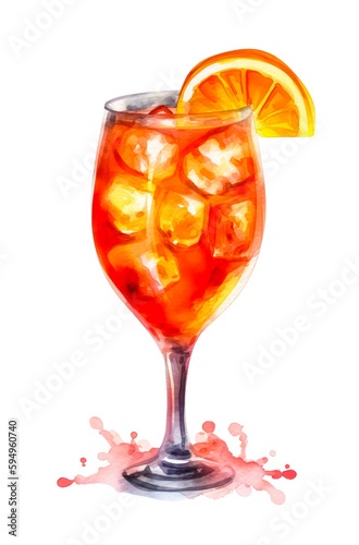 Watercolor illustration of an alcoholic cocktail Aperol Spritz on white background. Generative AI.