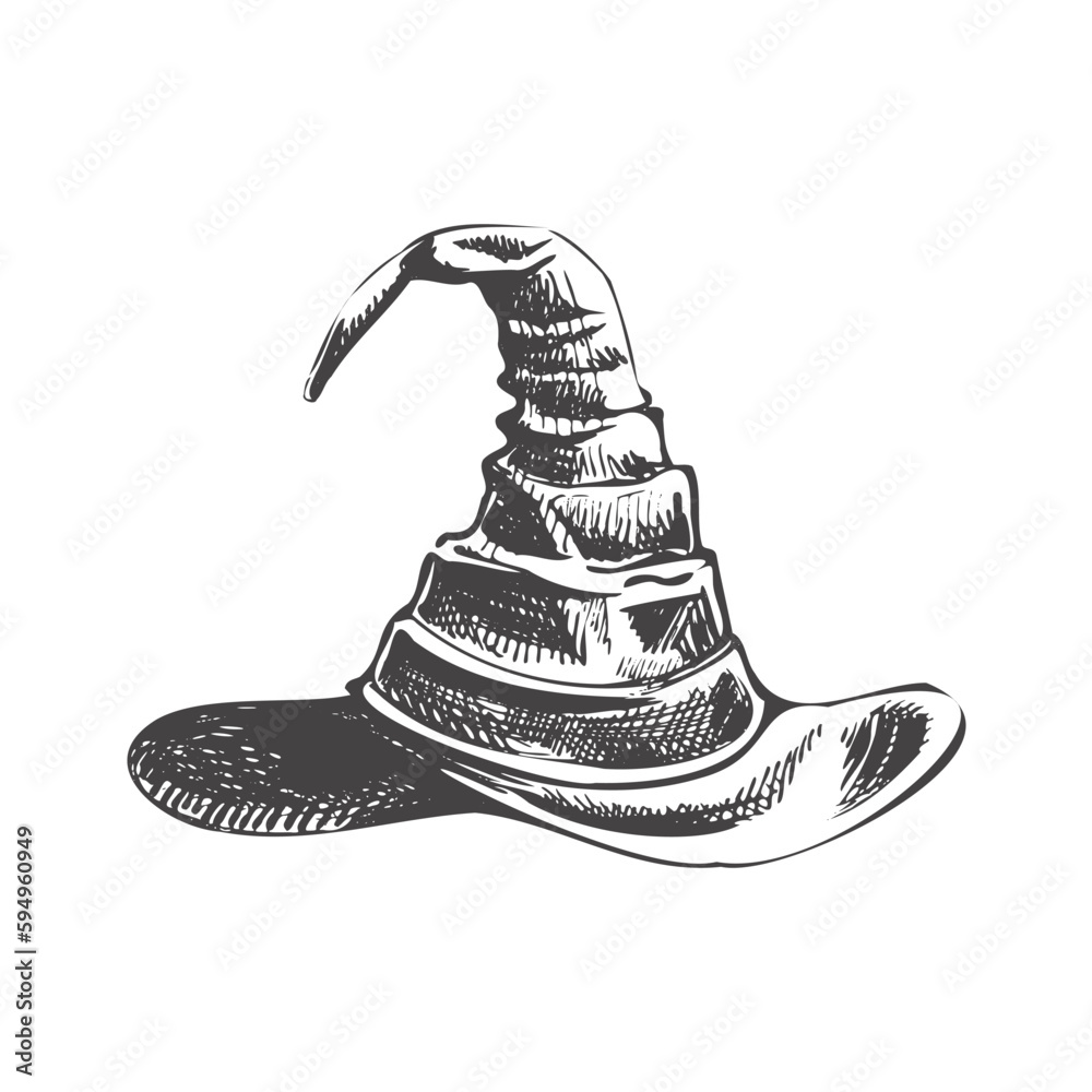 Fototapeta premium Vintage illustration for Halloween. A hand-drawn sketch of a witch's pointed hat isolated on white background. Vector illustration..