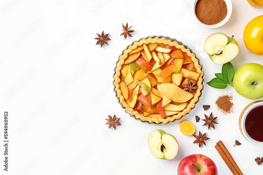 Apple pie in progress with fresh unbaked apple slices. Generative AI illustration
