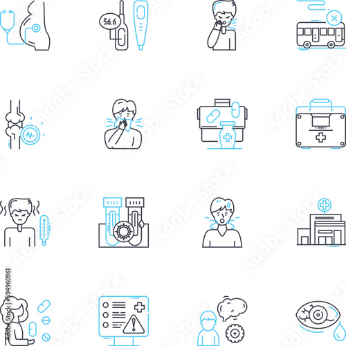 Respiratory illness care linear icons set. Asthma, Bronchitis, COPD, Emphysema, Flu, Pneumonia, Rhinitis line vector and concept signs. Sinusitis,Tuberculosis,Wheezing outline illustrations