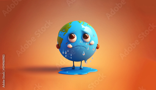 AI Generated cartoon character planet earth. Hot weather, global warming concept