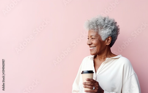Senior older modern black dark-skinned african american woman drinking take away coffee and enjoys life. Generative AI