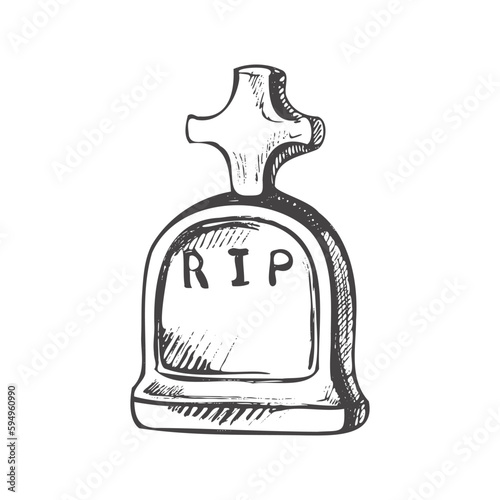 Old hand drawn murble stone tombstone with christian cross and title R.I.P. Rest in peace vector drawing illustration for funeral service, card or last farewell card. Sketch of  grave or cemetery