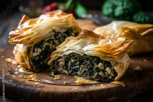 Spanakopita (Greece) buffet lunch. AI Generated. photo