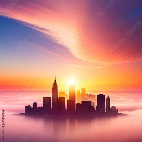 Sky city above the clouds cool illustration with a blend of gradient colors and orange full color reflections, great to use for businesses, blogs, wallpapers, companies. Generative Ai drawing