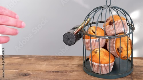 delicious biscuit cupcakes locked in an iron cage, rustic wooden table, hand reaches for sweets, concept of an outdoor tea party, unhealthy eating, calorie restriction, sweet life locked up photo