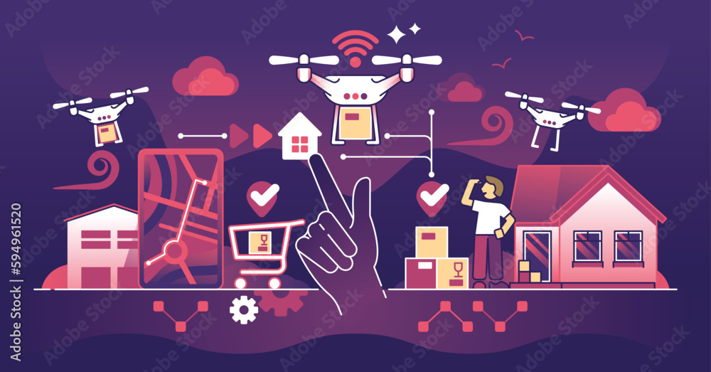 Autonomous delivery drones for retail package air transport outline concept. Fast and effective technology usage for parcel logistics and distribution vector illustration. Send express order with UAV