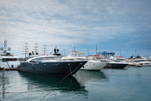 Yachts and boats anchored in the port of Sochi. Russia